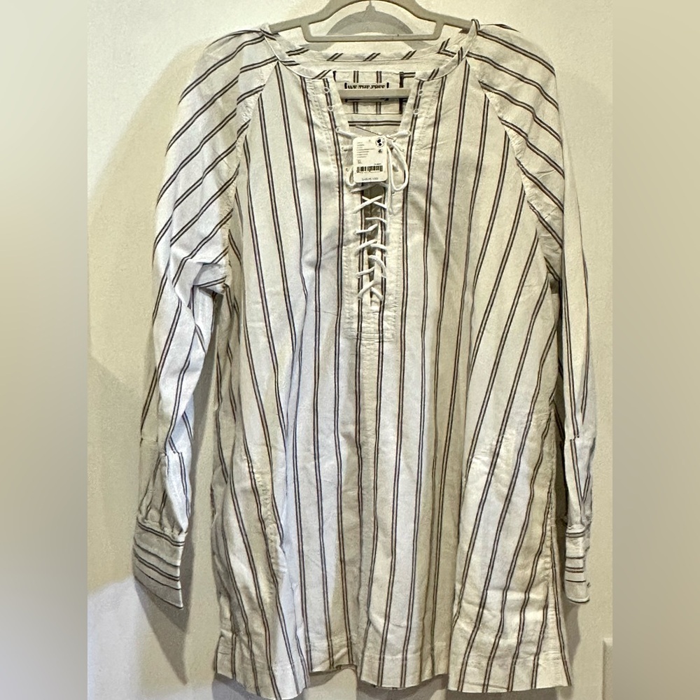 Striped White Shirt with Lace-Up Detail